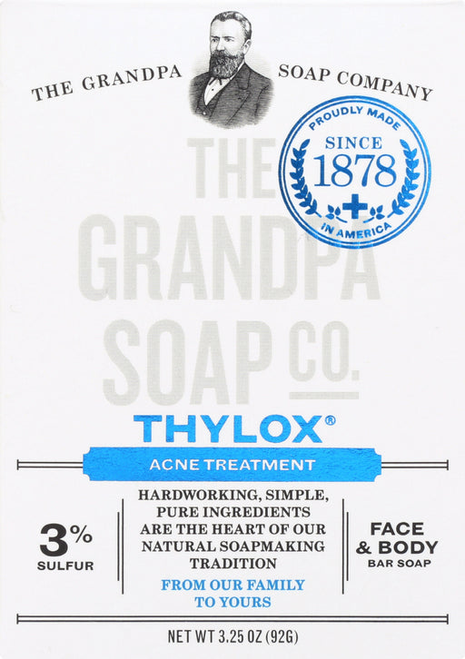 Description
Grandpa's Thylox soap is a sulfur-based cleanser for acne prone skin. Thylox helps eliminate blackheads and breakouts, keeps pores clog-free, and effectively removes excess oil. For over 50 years, Thylox has proven that acne treatment doesn't have to be expensive to be effective. Grandpa's Thylox soap is over 99% natural. 3.25 oz