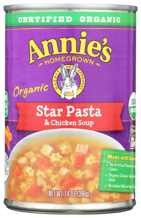 Annie's Organic Star Pasta &amp; Chicken is one of the all STARs of our organic soup line. A wholesome take on the classic-shaped noodle, our version is made with fun star-shaped noodles and yummy pieces of organic chicken. You won't find any artificial flavors, synthetic colors, preservatives, or MSG hiding here¦ just organic comfort, by the spoonful. So hop on over to the soup aisle and reach for the stars.