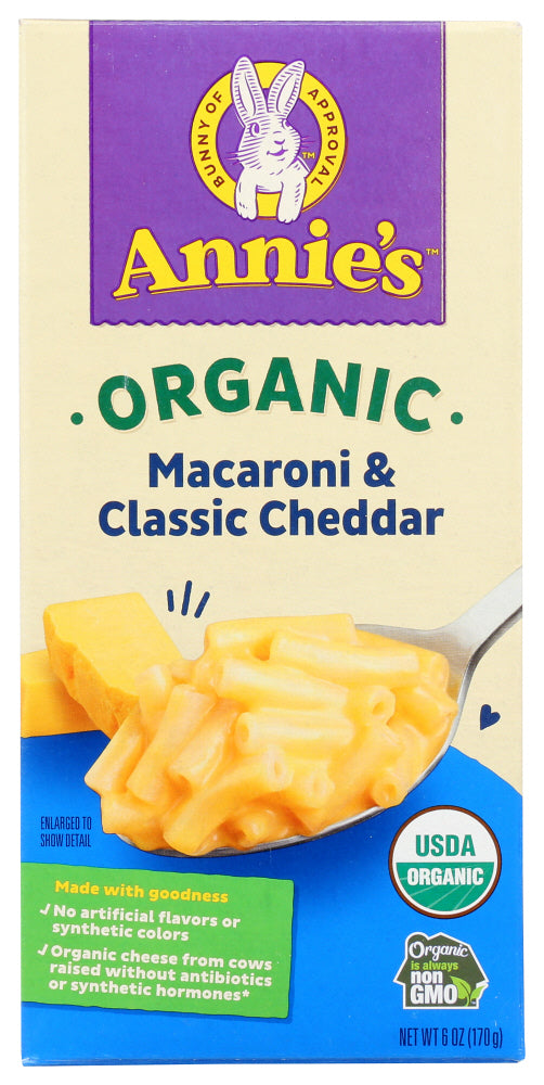 Macaroni and cheese, made Annie's way. 100% real mild cheese, no artificial flavors, synthetic colors, or preservatives ” and certified organic to boot. A classic for the family!