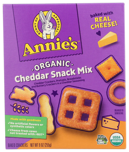 A cheesy twist to our popular snack mix, Organic Cheddar Snack Mix Bunnies are a crunchy combination of bunny-shaped pretzels and crackers, all lightly seasoned with real cheddar cheese.