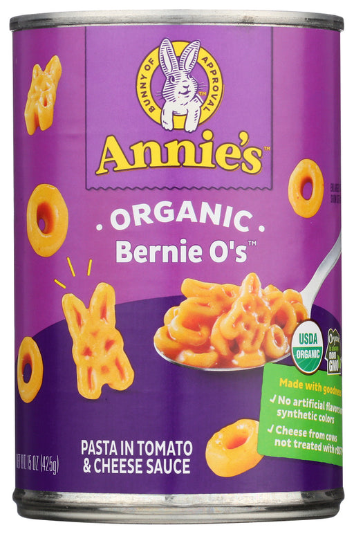 Bernie O's Pasta in Tomato And Cheese Sauce
Annie's Bernie O's Pasta is made with certified organic pasta and a yummy certified organic tomato and cheese sauce. Organic Bernie O's are perfect for that toddler learning to feed him or herself or for that late night snack in your college dorm room.