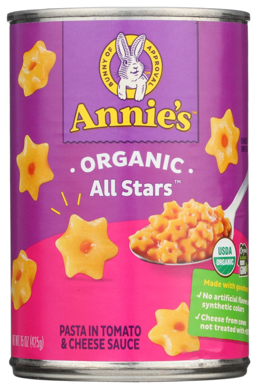 All Stars Pasta in Tomato And Cheese Sauce
Got an All Star in your family? Feed them Annie's Organic All Stars, made with fun, certified organic star shaped pasta and a yummy certified organic tomato and cheese sauce. Organic All Stars are perfect for that toddler learning to feed him or herself or for that late night snack in your college dorm room. Either way, All Stars are fun for kids of any age!