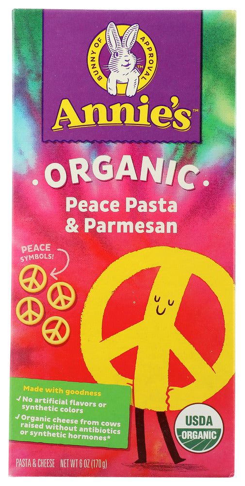 Organic Peace Pasta &amp; Parmesan
Organic Peace Pasta &amp; Parmesan is a peace sign shaped pasta combined with delicious, REAL parmesan cheese, flavored with just a hint of garlic. Annie's Organic Peace Pasta comes in a fun tie-dyed box which features Bernie as the ultimate hippie! Try this cult classic while listening to your favorite 60s bands. Now that's groovy, baby.