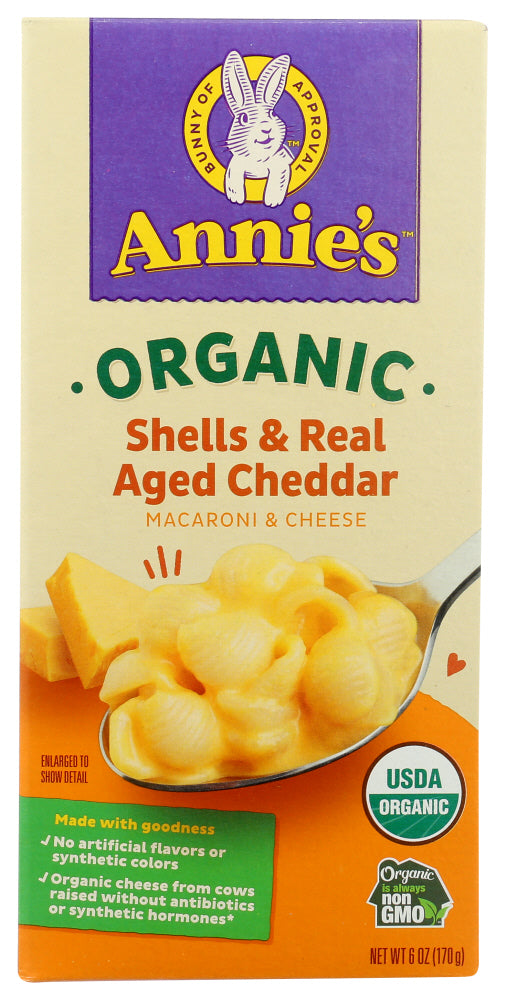 Organic Shells &amp; Real Aged Cheddar
Organic Shells &amp; Real Aged Cheddar is for parents who want organic and kids who want orange. Modeled after our original Shells &amp; Real Aged Cheddar, Organic Cheddar Mac (as we call it) is made with certified organic pasta and certified organic Real Aged Cheddar cheese. We color the cheese with annatto, a natural coloring used for centuries to make foods like butter and mustard colored naturally.