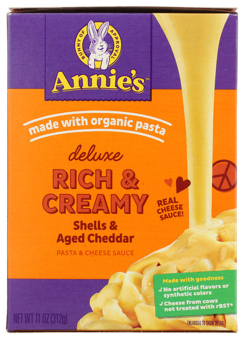 Deluxe Shells &amp; Real Aged Cheddar
This creamy, deluxe version of our Shells &amp; Real Aged Cheddar is made with certified organic pasta and real aged cheddar cheese. No additional ingredients are required for our Deluxe Mac &amp; Cheese &ndash; just cook the pasta and squeeze in the creamy cheese. In just minutes you'll have a yummy, deluxe mac &amp; cheese for all to enjoy.