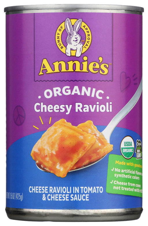 Cheesy Ravioli in Tomato And Cheese Sauce
Easy and cheesy! Annie's certified organic Cheesy Ravioli is made with organic pasta &ldquo;pillows&rdquo; filled with yummy organic cheese smothered in our traditional organic tomato and cheese sauce. Cheesy Ravioli is perfect for kids of all ages and only takes minutes to heat up on the stove or in the microwave.