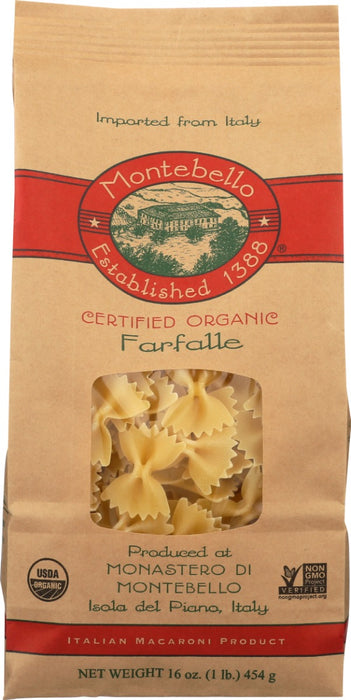 Dating back to the 16th century, farfalle is one of Italy's oldest cuts of pasta. The word œfarfalle means œbutterfly in Italian, but it's also known for its bow-tie shape. It's a cut particularly good for serving with cream or tomato sauces. Our version is made using durum wheat semolina organically grown on a small cooperative of family farms in the rolling hills overlooking the Adriatic Sea. Try it with a creamy vodka sauce for a hearty dish the whole family will love.