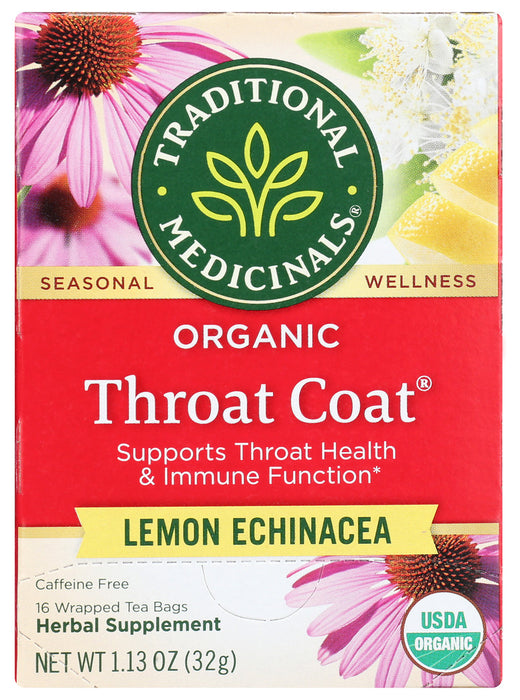 TRADITIONAL MEDICINALS: Organic Throat Coat Lemon Echinacea Herbal Tea 16 Tea Bags, 1.13 oz