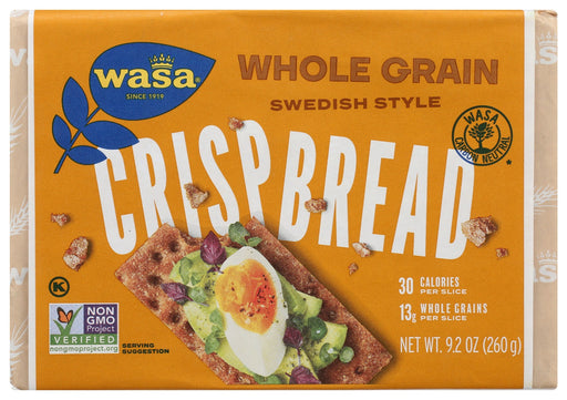 Whole Grain crispbread is a wholesome and filling combination of whole grain rye flour,  yeast and salt. Made with 100% whole grain, Wasa Whole Grain crispbread provides 12g of whole grains and  2g of fiber (8% of the Daily Value) in every crunchy slice.