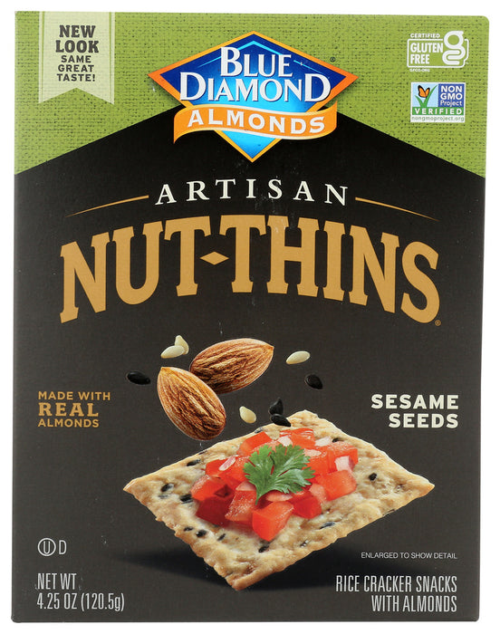 The unmistakable flavor of sesame seeds pairs perfectly with our brown rice and almonds to create a delicious baked cracker. Besides great, gluten-free flavor, Sesame Seed Artisan Nut Thins provide three grams of fiber with every serving. Enjoy them with cheeses, spreads, your favorite appetizer combinations&mdash;or grab a handful straight from the box!