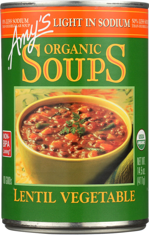 Contains 340mg of sodium compared to 680 mg in Amy's regular Lentil Vegetable soup.