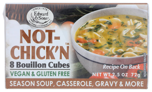 Edward &amp; Sons® Not-Chick'n Bouillon Cubes make wholesome, satisfying broth in seconds with just hot water. Just mix with hot water for delicious flavored broth, or add to soups, stews and sauces as the chef's secret seasoning. Great for adding a delicious flavor to any dish! 