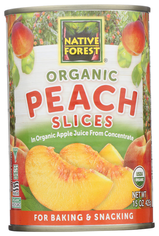 Native Forest® Organic Peach Slices are juicy tree-ripened organic sliced peaches. Enjoy them straight from the can, add them on top of your morning cereal, or bake them into luscious pies or cobblers. These Organic Peach Slices come packed in organic apple juice and are perfectly sweet right out of the can. They contain no syrups, no artificial colors or flavors.