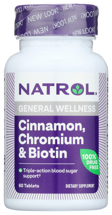 Triple Action Support for Sugar Metabolism! 
Cinnamon: Provides Natural Antioxidant Protection
Chromax&reg; (Chromium Picolinate): In Conjunction with Insulin, Supports Metabolism&dagger;
Biotin: For the Metabolism of Protein and Fat
Natrol&reg; Cinnamon Biotin Chromium provides a powerful, triple action formula of Cinnamon, Biotin &amp; Chromax&reg; (Chromium Picolinate) to support sugar, protein and fat metabolism and help maintain healthy blood sugar levels already within the normal range.