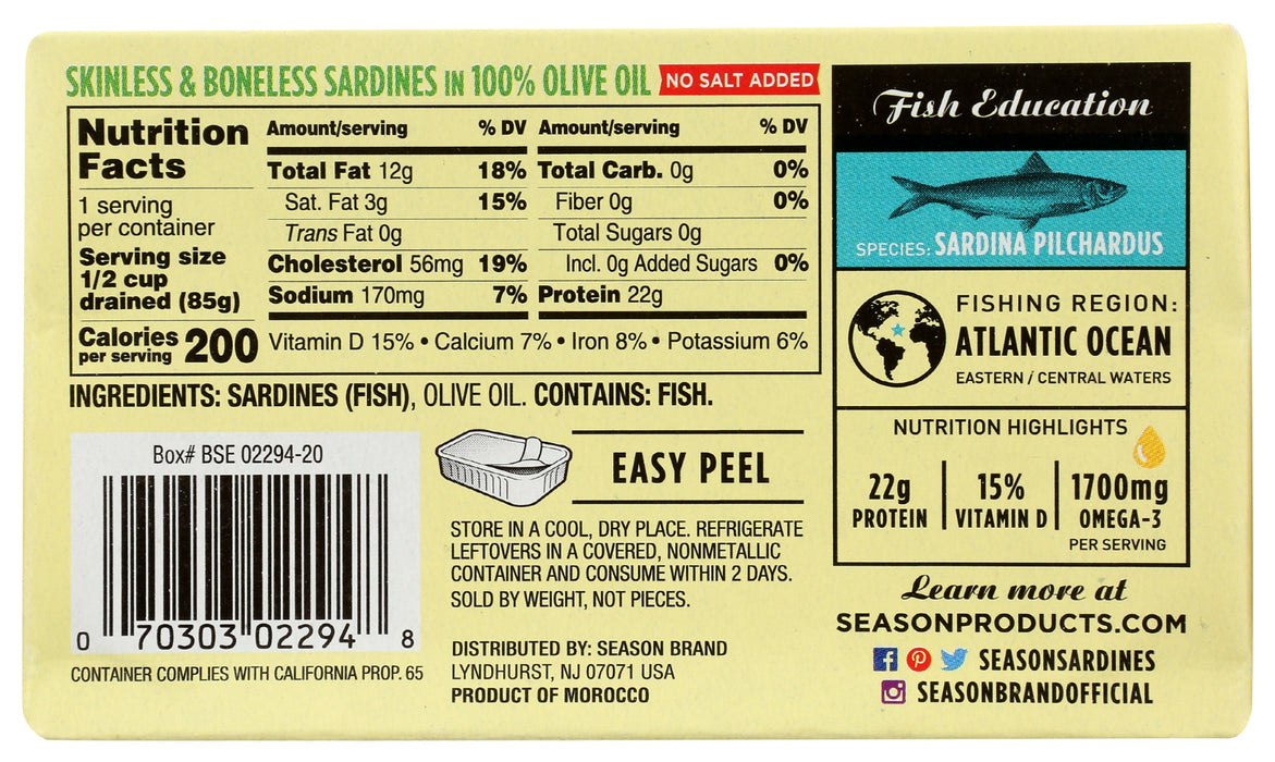 SEASONS: Skinless and Boneless Sardines In Pure Olive Oil No Salt Added, 4.375 oz