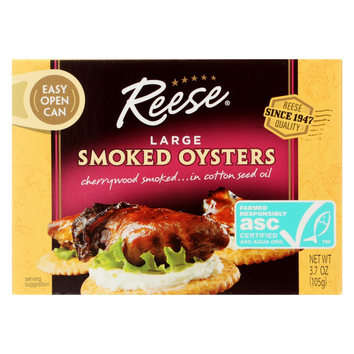 Reese Colossal Smoked Oysters, 3.7 Oz Easy Open Can
Reese Quality - Since 1947
Cherrywood Smoked.. In Cottonseed Oil
Product of China, Farm Raised Smoked Oysters
Reese Oysters bring a special flair and rich flavor to appetizers, salads, or your favorite stuffings. Long considered a delicacy, Reese Oysters add a delicious touch of class to your meals.