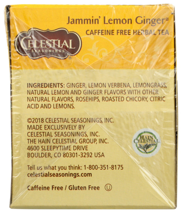 CELESTIAL SEASONINGS: Jammin' Lemon Ginger Herbal Tea Caffeine Free 20 Tea Bags, 1.6 oz