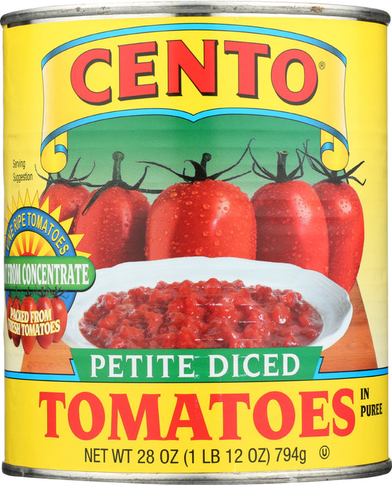 Cento Petite Diced Tomatoes are California vine-ripened tomatoes uniformly chopped and packed in a puree with basil for added flavor. Petite diced tomatoes are perfect for long simmered dishes where you want distinct tomato pieces because they retain their shape when cooked. Guaranteed fresh and premium quality, these tomatoes are perfect for chili, bruschetta, pasta salad and salsa recipes.