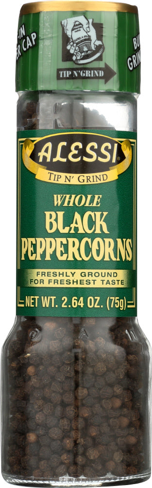 Alessi Black Peppercorn are packed in our unique, easy-to- use Tip n' Grind glass bottles. Cleverly designed with a grinder built in, simply invert bottle and twist cap in the direction of the arrow. Freshly ground spices retain more of the precious oils lost in pre-ground forms. Enjoy top quality sundried, freshly ground peppercorns and savor the robust flavor and bold fruity flavor anytime. Perfect for your home R.V. or picnic table. Its uses are limitless.