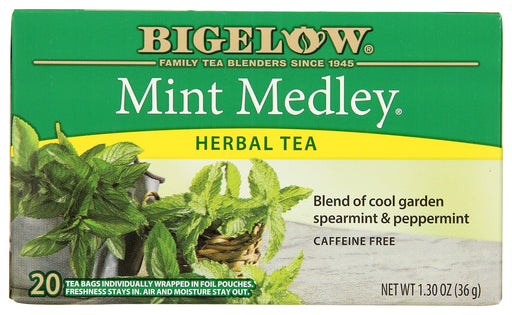 Each ingredient has been carefully selected by the Bigelow family to deliver an uncompromised quality tea experience. Our Mint Medley is a smooth, flavorful, and aromatic blend of refreshing spearmint and cool peppermint grown right here in America. Try it hot or iced. Caffeine Free