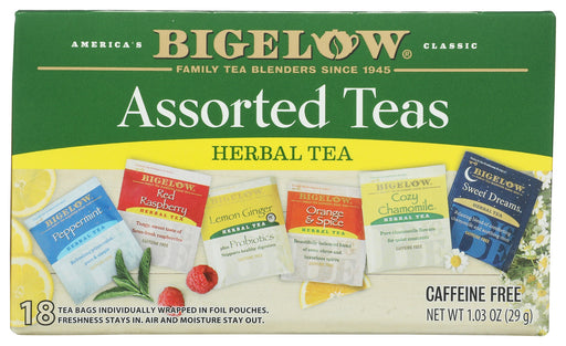 
A great way to sample Bigelow Caffeine Free Herbal Teas. This assortment has 3 tea bags each of these 6 blends: Lemon Ginger Plus Probiotics , Peppermint, Orange &amp; Spice, Sweet Dreams, Cozy Chamomile, and Red Raspberry.


 
