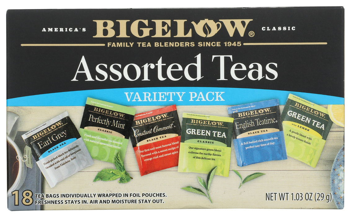 A great way to sample Bigelow Tea, this assortment has 3 tea bags each of these 6 classic Bigelow Teas: œConstant Comment, Plantation Mint, English Teatime, Earl Grey, Green Tea, and Lemon Lift.