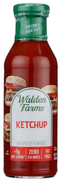 Don't worry, pour it on! Enjoy all the rich, thick Ketchup you want, with Walden Farms Calorie Free Ketchup. Made with diced tomatoes, onion and garlic, Worchester sauce, freshly ground herbs and spices but no calories, fat, carbs, gluten or sugars of any kind.