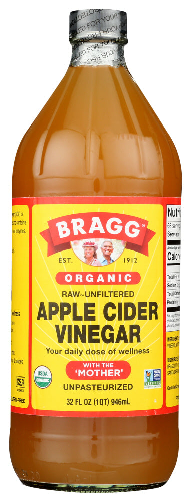 Certified Organic Bragg Organic Raw Apple Cider Vinegar is unfiltered, unheated, unpasteurized and 5% acidity, and contains the amazing Mother of Vinegar.Bragg Apple Cider Vinegar is organically grown, processed and bottled in accordance with the California Organic Foods Act of 1990; and is also Kosher Certified. It's a wholesome way to add delicious, light flavor to most foods. GLUTEN FREE. NON-GMO CERTIFIED.