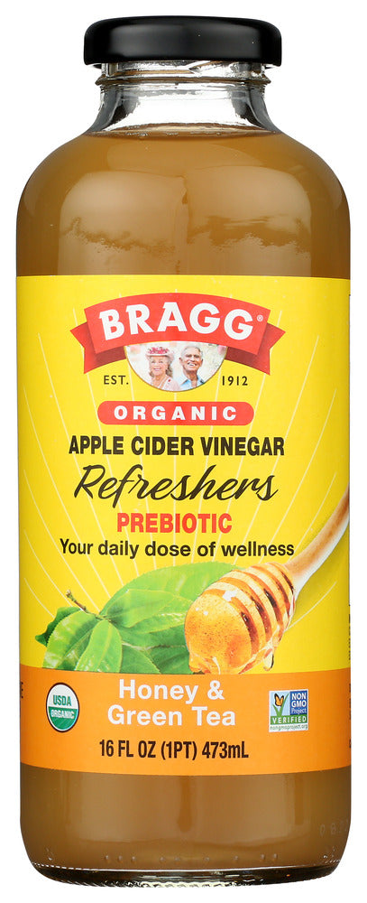 Organic and caffeine-free, this powerful immune-boosting tonic combines the antioxidant-rich benefits of green tea and honey with the healthy goodness of our prebiotic organic apple cider vinegar.Bragg Organic Apple Cider Vinegar Refreshers provide your daily dose of Apple Cider Vinegar (ACV) in a variety of delicious flavors. Each bottle contains two tablespoons of apple cider vinegar.