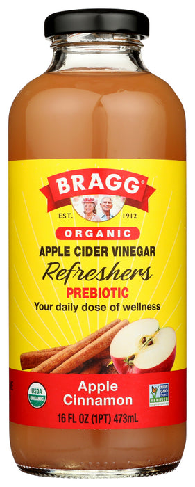 Fresh-pressed juice from raw, organic apples topped off with a touch of anti-inflammatory cinnamon and blended with our time-tested, wellness-supporting organic apple cider vinegar.Bragg Organic Apple Cider Vinegar Refreshers provide your daily dose of Apple Cider Vinegar (ACV) in a variety of delicious flavors. Each bottle contains two tablespoons of apple cider vinegar