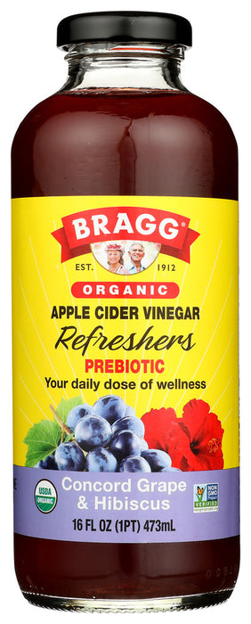 A tasty and invigorating organic superfood blend of sweet, polyphenol-rich Concord grape juice, soft notes of hibiscus, and our powerful gut health-boosting organic apple cider vinegar.Bragg Organic Apple Cider Vinegar Refreshers provide your daily dose of Apple Cider Vinegar (ACV) in a variety of delicious flavors. Each bottle contains two tablespoons of apple cider vinegar