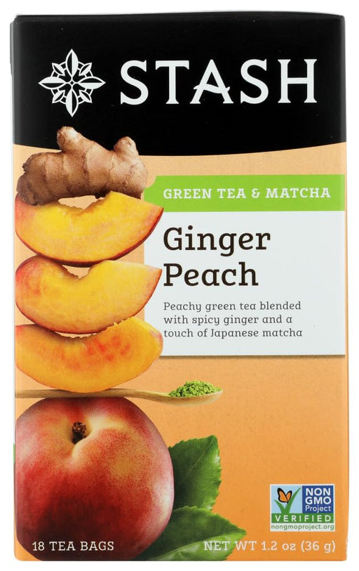 A delicious blend of green tea, juicy peach and sharp ginger. With Matcha.