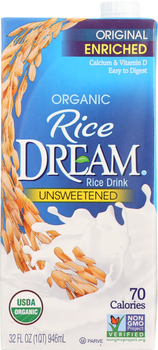 Light and refreshing.
Rice DREAM&trade; Enriched Original Unsweetened Organic Rice Drink has a deliciously light and refreshing flavor with a hint of sweetness from rice (but no added sugar). It's easy to digest and 99% fat free with no cholesterol, and it's enriched with calcium &amp; vitamin D. So feel free to pour it on &ndash; on cereal or fruit, in your favorite smoothie, or just have a cold and satisfying glass.