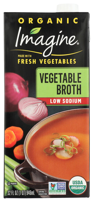 Imagine&reg; Organic Low Sodium Vegetable Broth has all the robust flavor, but in a low sodium version. It's made from fresh organic carrots, celery, tomatoes and onions, and infused with distinctive herbs and spices. Use it in your favorite recipes or try kicking up the flavor of couscous or rice dishes.