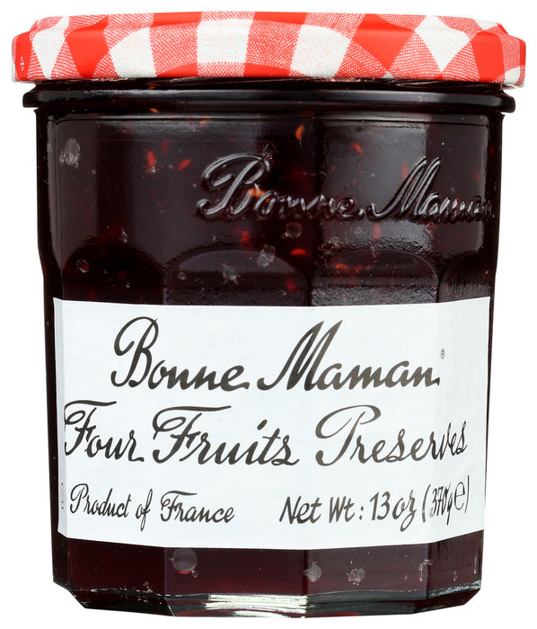 Combining four lusciously tasty fruits, our Four Fruits Preserves' flavor and texture comes from 100% natural ingredients. Each jar features chunks of real cherries, strawberries, redcurrants and raspberries. It's the perfect mixture to spread on bread, muffins or with classic savory pairings like cheese, peanut butter or lightly salted nuts. It also combines wonderfully with many recipes and can be used as a substitute anytime a well-rounded fruit flavor is needed.