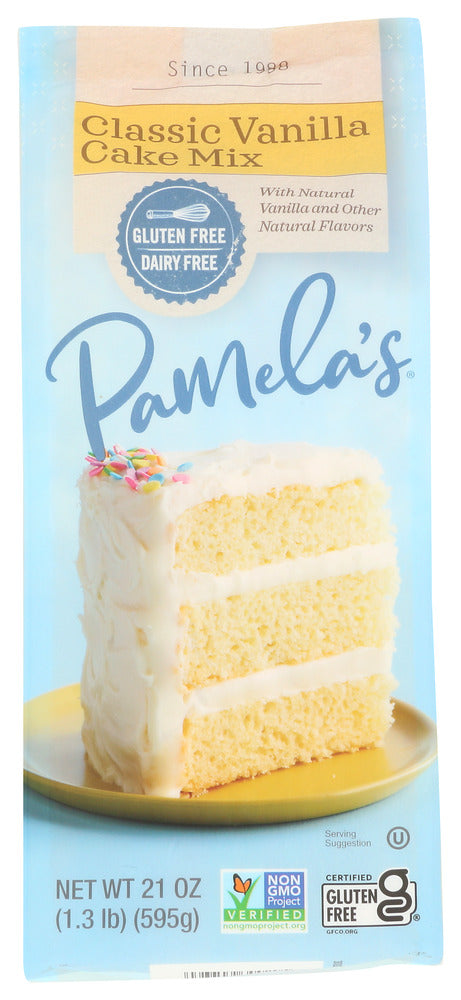 Our premium Vanilla Cake Mix makes a moist and fluffy traditional cake with rich vanilla flavor.  By simply adding a few additional ingredients to this versatile mix, you can make an assortment of delicious desserts, and even a wedding cake! Frost with Pamela's Vanilla Frosting or Pamela's Dark Chocolate Frosting.