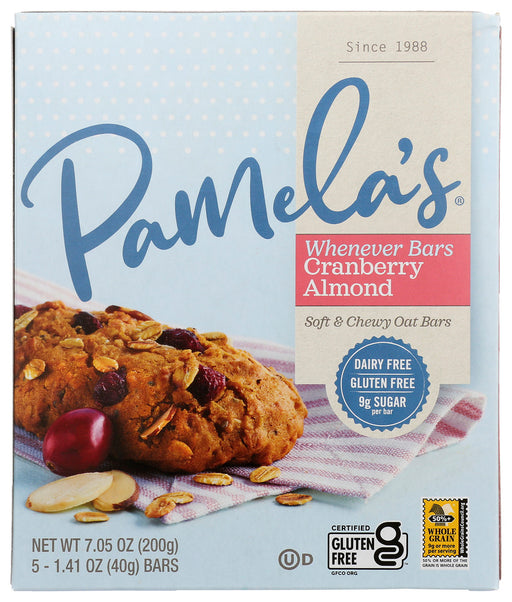 Delicious chunks of cranberries play with savory slivers of almond in Pamela's Oat Cranberry Almond Whenever Bars. Made with gluten-free oats, chia seeds and lightly sweetened with agave and coconut sugar, these bars offer a delightfully filling and great tasting snack whenever you need one.