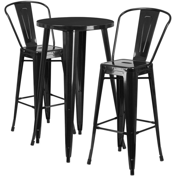 24" Round Black Metal Indoor-Outdoor Bar Table Set with 2 Cafe Stools