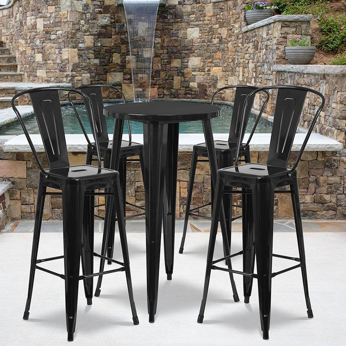 24" Round Black Metal Indoor-Outdoor Bar Table Set with 4 Cafe Stools