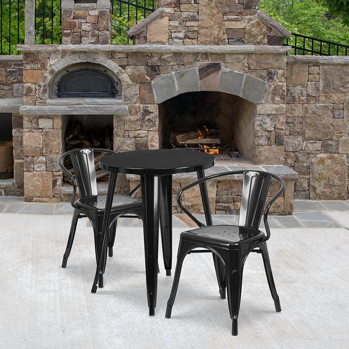 24" Round Black Metal Indoor-Outdoor Table Set with 2 Arm Chairs