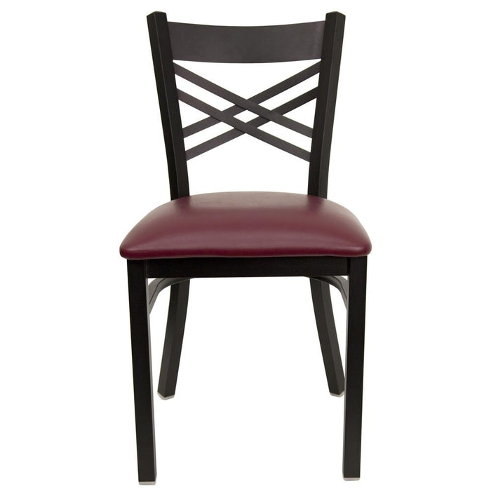HERCULES Series Black ''X'' Back Metal Restaurant Chair - Burgundy Vinyl Seat