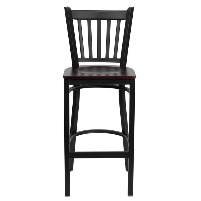 HERCULES Series Black Vertical Back Metal Restaurant Barstool - Mahogany Wood Seat