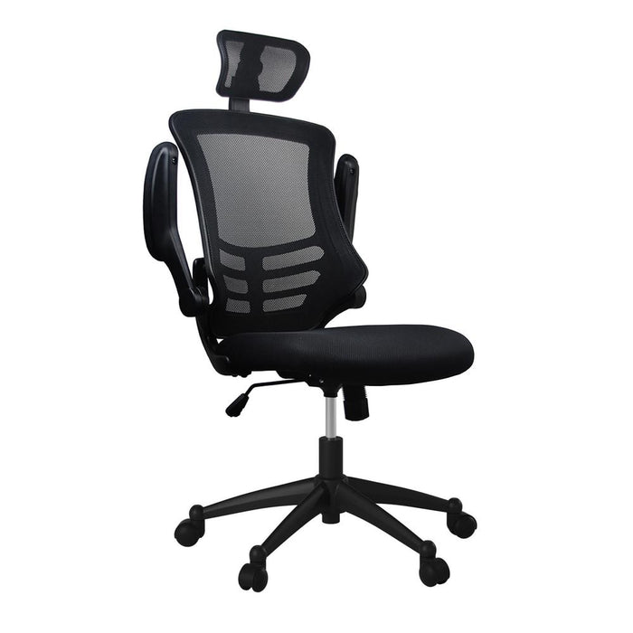 Modern High-Back Mesh Executive Office Chair With Headrest And Flip Up Arms. Color: Black