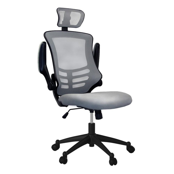 Modern High-Back Mesh Executive office Chair With Headrest And Flip Up Arms. Color: Silver Grey