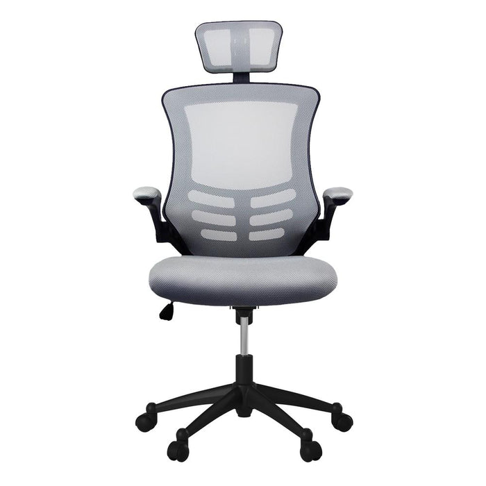 Modern High-Back Mesh Executive office Chair With Headrest And Flip Up Arms. Color: Silver Grey