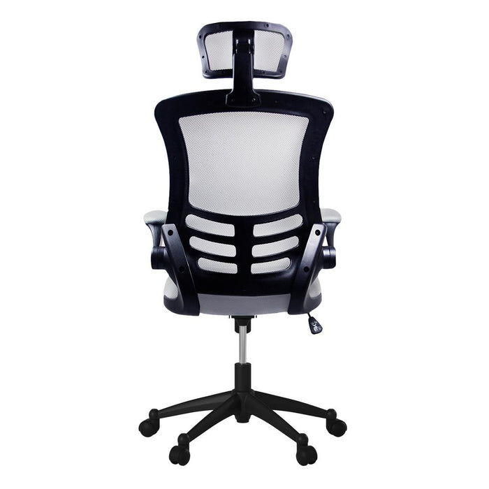 Modern High-Back Mesh Executive office Chair With Headrest And Flip Up Arms. Color: Silver Grey