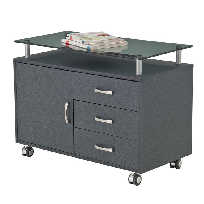 Rolling Storage Cabinet With Frosted Glass Top. Color: Graphite