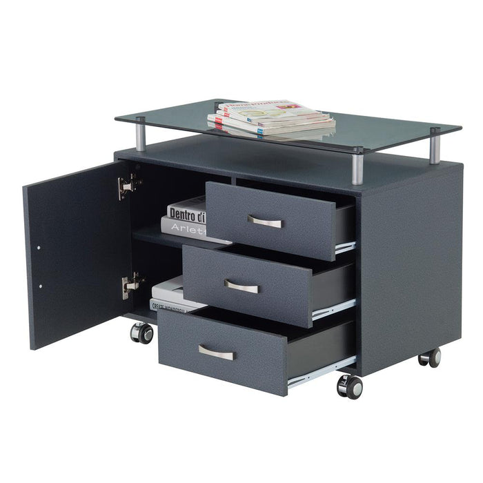 Rolling Storage Cabinet With Frosted Glass Top. Color: Graphite