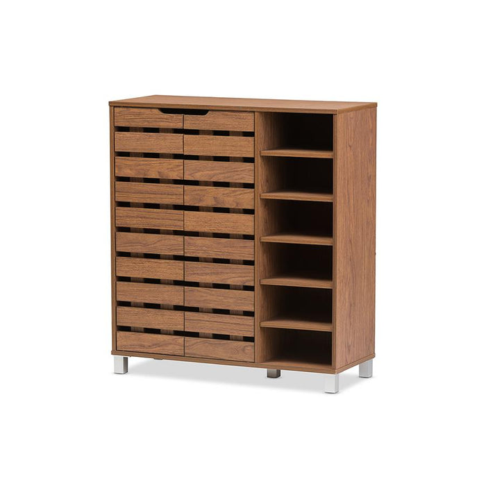 "Walnut" Medium Brown Wood 2-Door Shoe Cabinet with Open Shelves