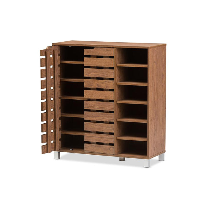 "Walnut" Medium Brown Wood 2-Door Shoe Cabinet with Open Shelves